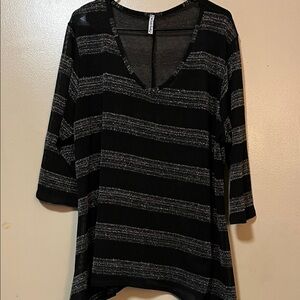 Black & Silver Striped V-Neck Tunic Top